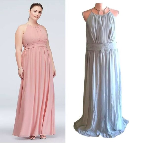 David's Bridal Grey High Neck Chiffon Formal Maxi Dress w/ Keyhole Plussize 16 - Picture 1 of 16